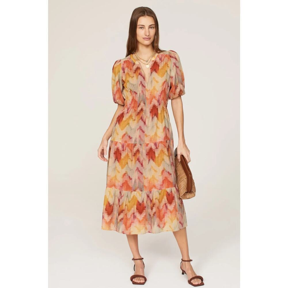 ba&sh Anissa Dress Short Sleeve Tiered Midi A-Line Orange Chevron Tie Dye XS